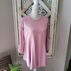 Times Two Maternity Ruched 3/4 Sleeve Pullover Babydoll Tunic Top in Pink